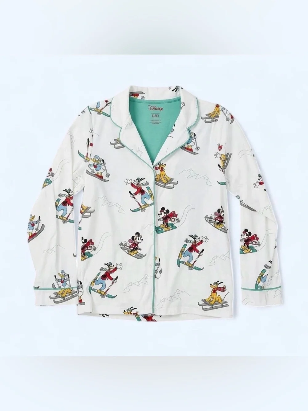 Disney Mickey Mouse Skiing Pajama Set Kids Large White Vintage 90s Christmas